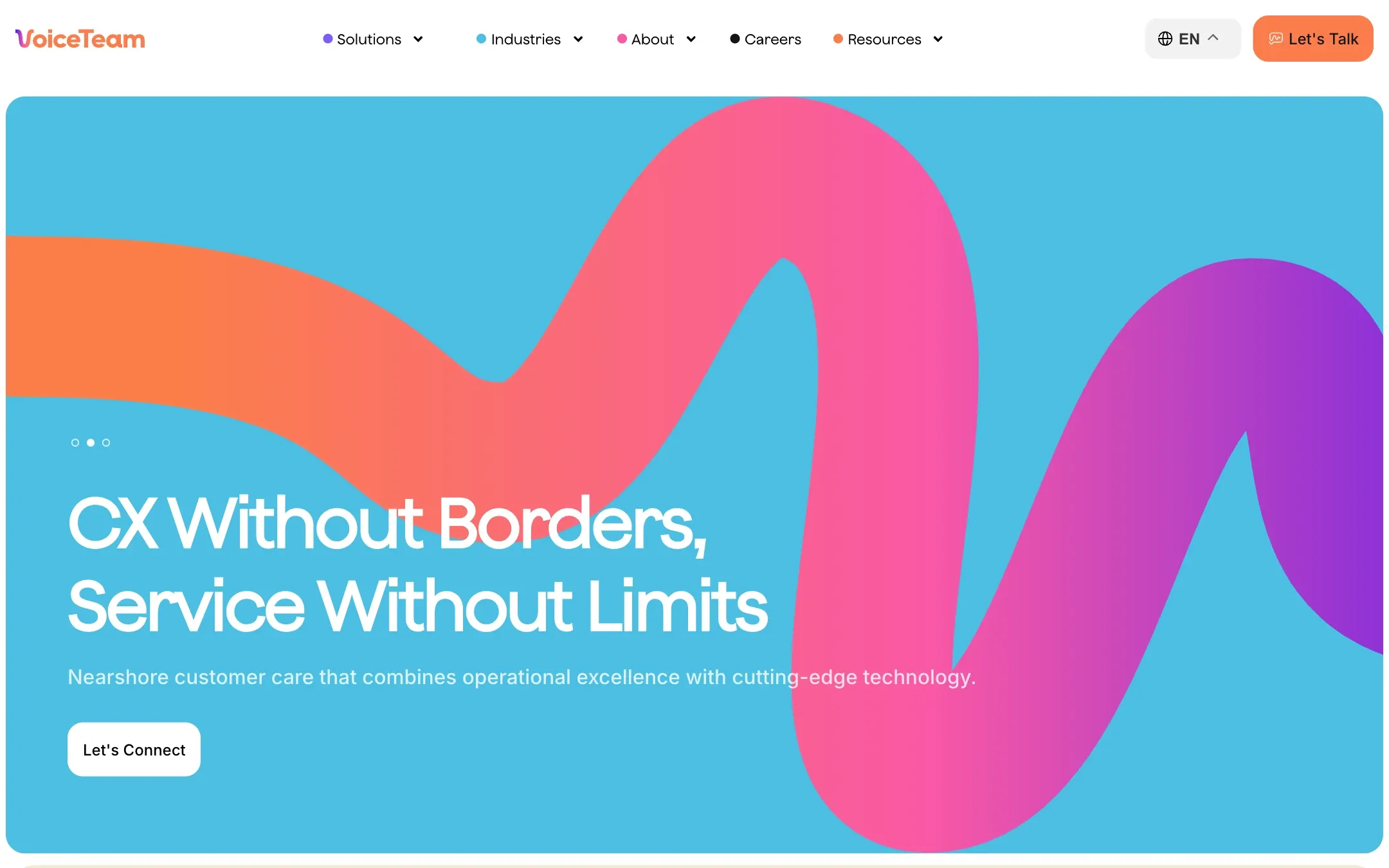 VoiceTeam's home page on desktop: CX Without Borders, Service Without Limits