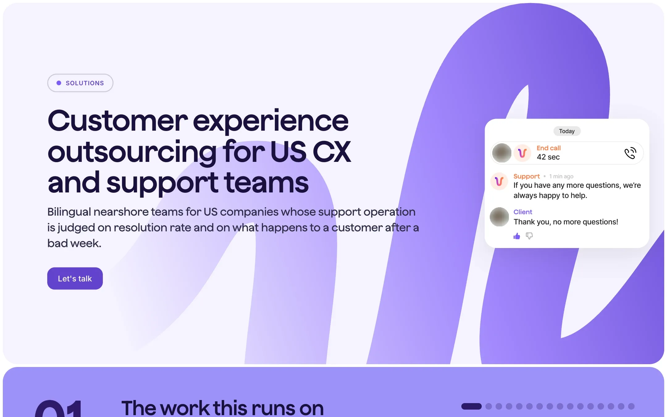 The redesigned Solutions page on desktop: Customer experience outsourcing for US CX and support teams